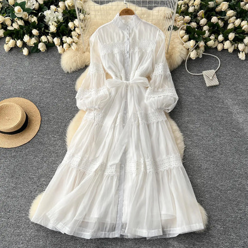 Load image into Gallery viewer, Vintage Women's Solid Single Breasted Bow Lace- Up Long Dress Autumn Lace Patchwork Long Sleeved Evening Party Princess Dresses
