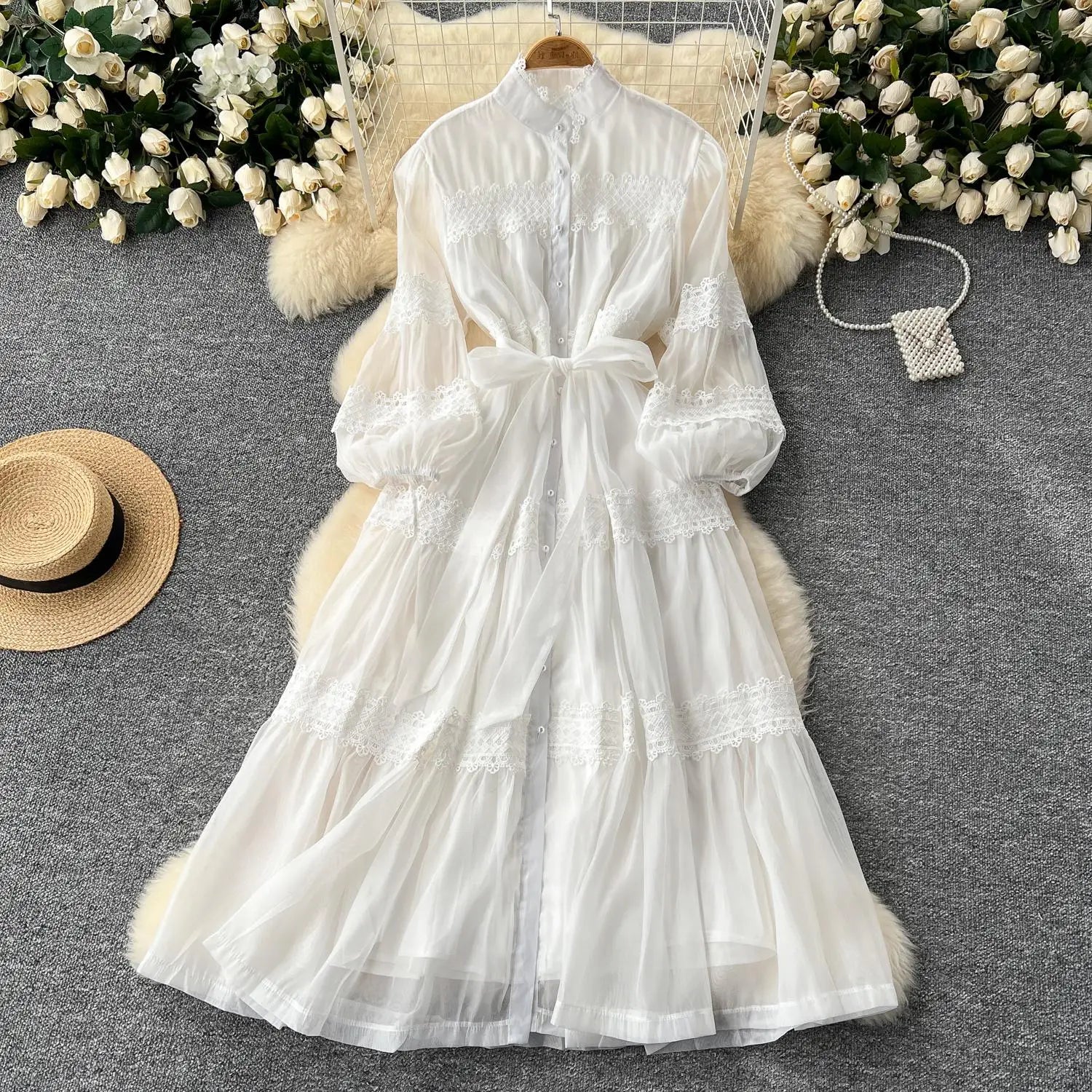 Vintage Women's Solid Single Breasted Bow Lace- Up Long Dress Autumn Lace Patchwork Long Sleeved Evening Party Princess Dresses