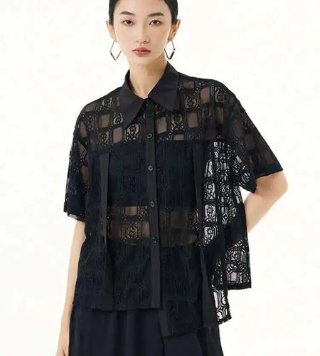 Women White Lace Perspective Big Size Thin Blouse New Lapel Short Sleeve Shirt Fashion Tide Spring Summer 2025 1DH5625
