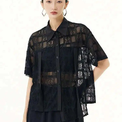 Load image into Gallery viewer, Women White Lace Perspective Big Size Thin Blouse New Lapel Short Sleeve Shirt Fashion Tide Spring Summer 2025 1DH5625

