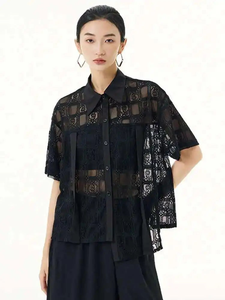 Women White Lace Perspective Big Size Thin Blouse New Lapel Short Sleeve Shirt Fashion Tide Spring Summer 2025 1DH5625