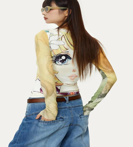 Japanese Grunge Fairy Cartoon Print Harajuku Tops T-shirt Women Streetwear Kawaii Cropped TshirtsY2k Aesthetic Vintage Cute Tees