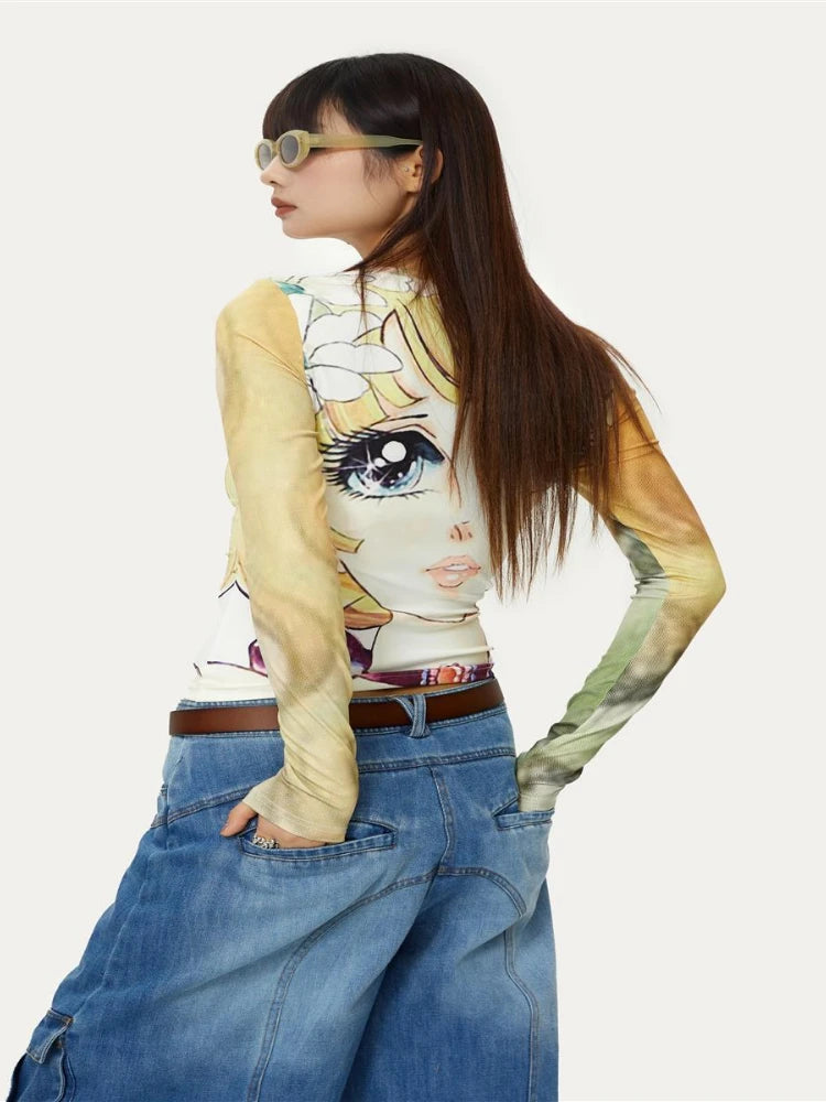 Japanese Grunge Fairy Cartoon Print Harajuku Tops T-shirt Women Streetwear Kawaii Cropped TshirtsY2k Aesthetic Vintage Cute Tees