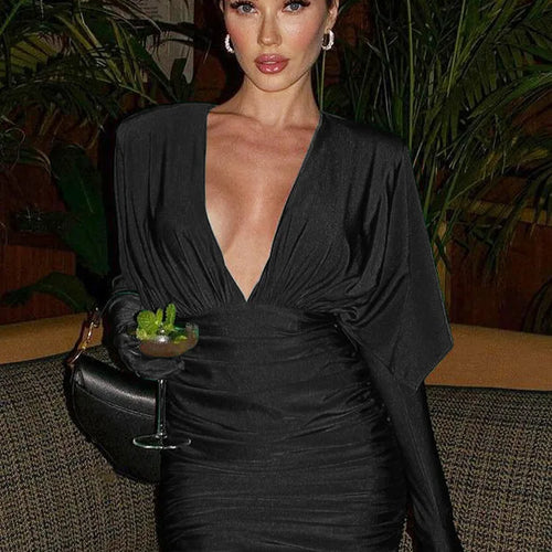Load image into Gallery viewer, Deep V Neck Long Sleeve Mini Dress Women Autumn Winter New Ruched Evening Dress Female Fashion Sexy Dress Elegant
