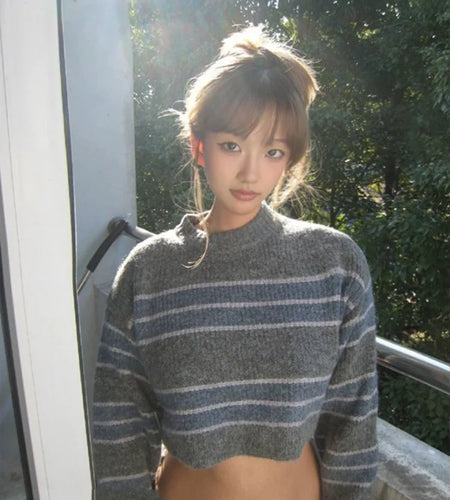 Vintage Striped Cropped Sweater Women Loose Harajuku Pullover Y2k Sexy Girl Korean Fashion Streetwear Fairy Jumper All Match
