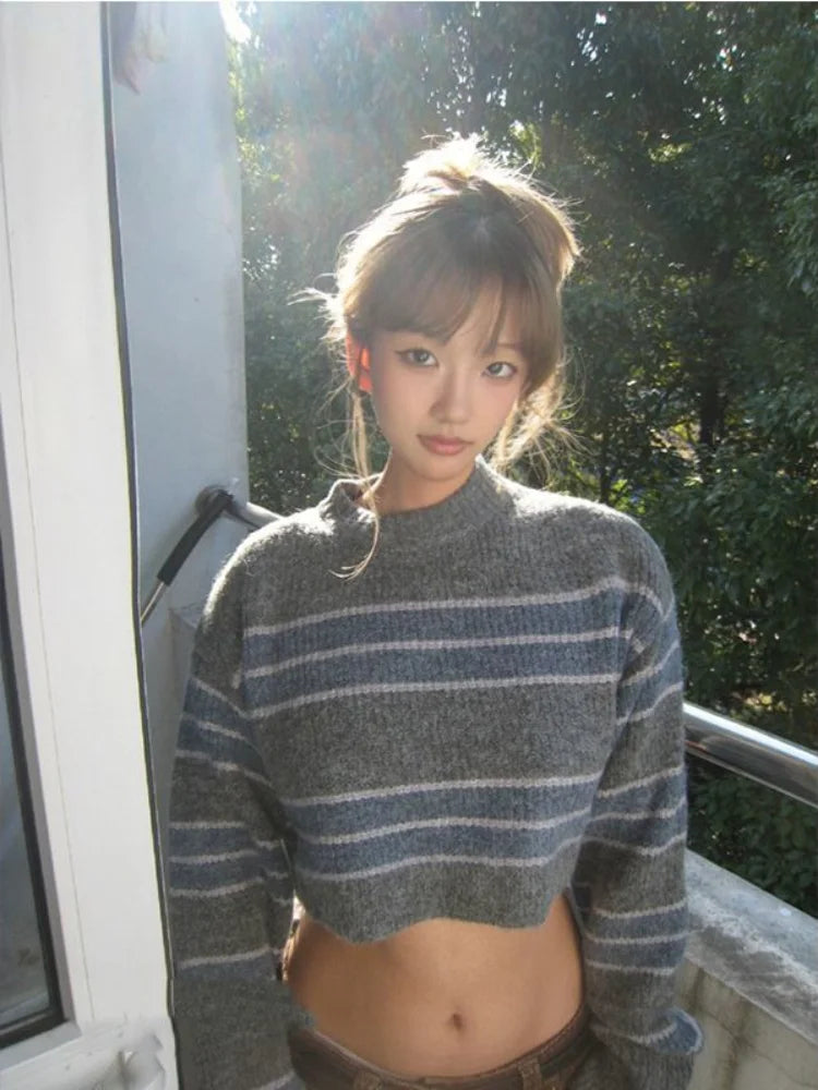 Vintage Striped Cropped Sweater Women Loose Harajuku Pullover Y2k Sexy Girl Korean Fashion Streetwear Fairy Jumper All Match