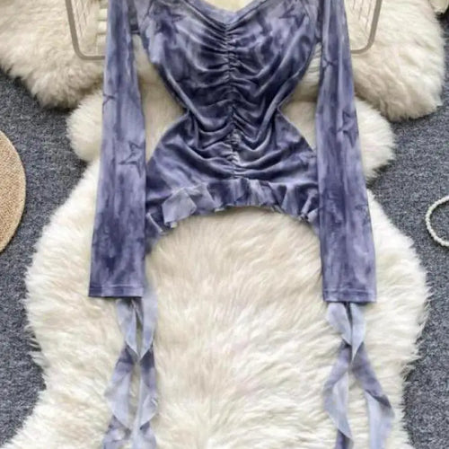 Load image into Gallery viewer, Vintage 2024 Autumn New Fashion Print Ruffle Edge Mesh Tops Korean Women's V Neck Slim Long Sleeved Asymmetrical Pleated T-shirt
