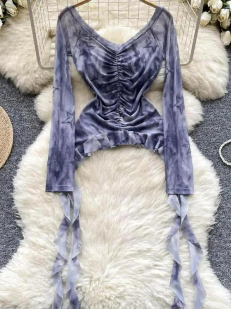 Vintage 2024 Autumn New Fashion Print Ruffle Edge Mesh Tops Korean Women's V Neck Slim Long Sleeved Asymmetrical Pleated T-shirt