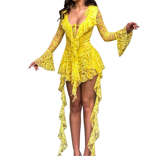 Load image into Gallery viewer, Lace Ruffled Sexy Mini Dress For Women Robe Deep V Neck Flare Long Sleeve Draped A-line Club Party Dress Vestido
