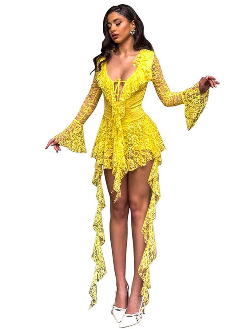 Lace Ruffled Sexy Mini Dress For Women Robe Deep V Neck Flare Long Sleeve Draped A-line Club Party Dress Vestido