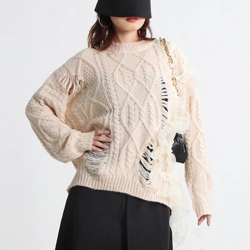 Load image into Gallery viewer, Knitting Loose Sweater For Women Round Neck Long Sleeve Patchwork Mesh Casual Pullover Female Clothing Fashion
