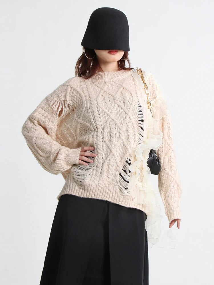 Knitting Loose Sweater For Women Round Neck Long Sleeve Patchwork Mesh Casual Pullover Female Clothing Fashion