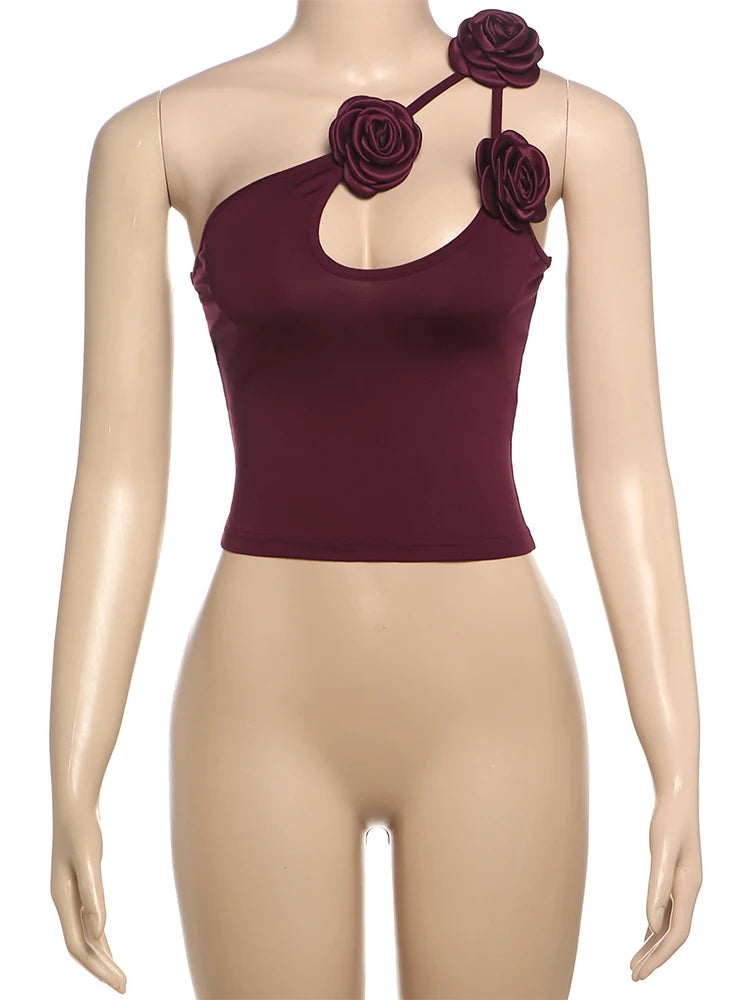 3d Flower Tops Women Backless Low-Neck Slim Slanted Shoulder Summer Trend Midnight Sexy Versatile Simple Classic Clothes