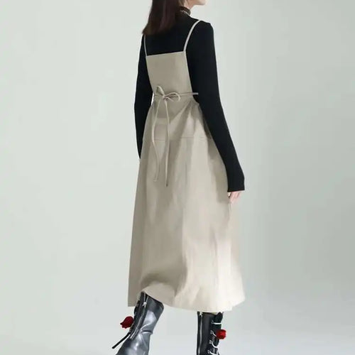 Load image into Gallery viewer, Women Apricot PU Leather Big Size Spaghetti Strap Dress New Square Collar Loose Fit Fashion Spring Autumn 2025 1DF4804
