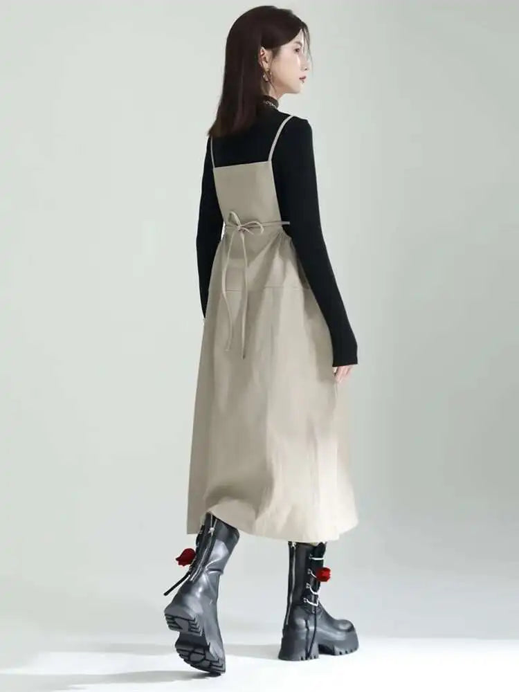 Women Apricot PU Leather Big Size Spaghetti Strap Dress New Square Collar Loose Fit Fashion Spring Autumn 2025 1DF4804