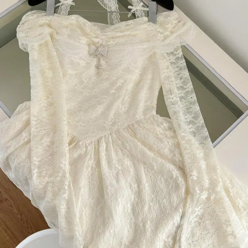 Load image into Gallery viewer, Vintage Women New Beige Lace Long Sleeve Halter Lace-up Princess Dress Autumn Elegant Sexy Backless Birthday Party Short Dresses
