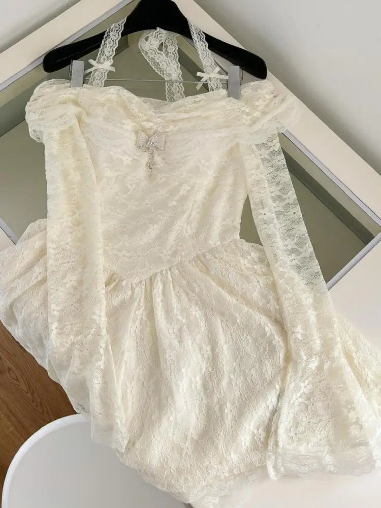 Vintage Women New Beige Lace Long Sleeve Halter Lace-up Princess Dress Autumn Elegant Sexy Backless Birthday Party Short Dresses