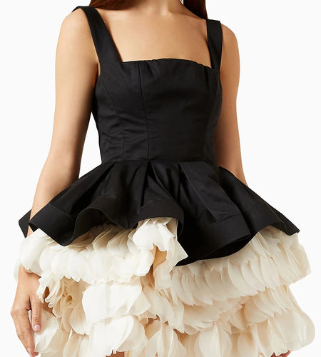 Solid Spliced Ruffles Slimming Dresses For Women Square Neck Sleeveless High Waist Temperament Mini Dresses Female