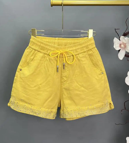 Korean Vintage 2024 Women Casual Yellow Diamond Denim Shorts Autumn High Waist Drawstring Lace-up Wide Leg Jean Short Pant Trend