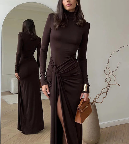 Turtleneck Thigh High Split Sexy Maxi Dress For Women Fashion Long Sleeve Draped Bandage Bodycon Club Long Dress