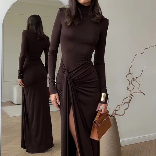 Load image into Gallery viewer, Turtleneck Thigh High Split Sexy Maxi Dress For Women Fashion Long Sleeve Draped Bandage Bodycon Club Long Dress
