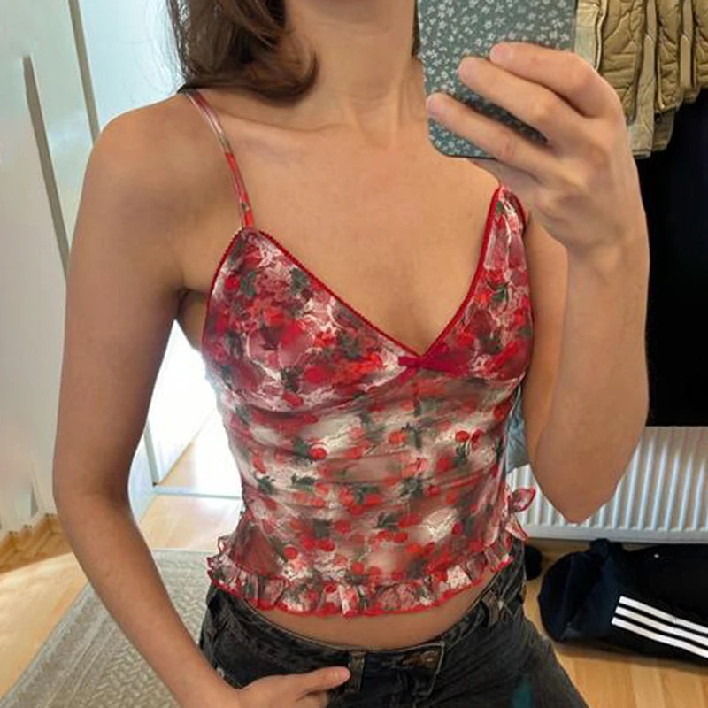 Strap Cherry Halo Dyeing Lace Top Mini Fashion Y2K Aesthetic Ruffles Transparent Summer Camis Tops Women Sexy Party