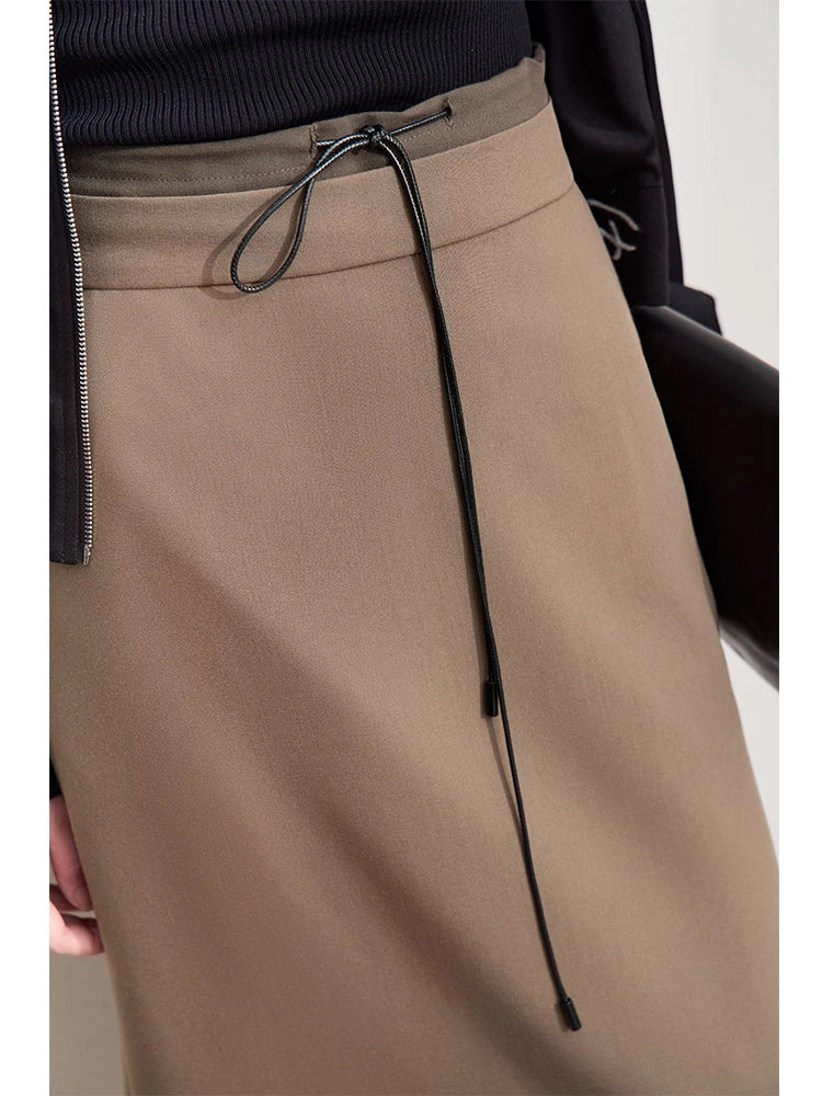 Minimalism Skirts For Women 2024 Autumn New Commuter Contrast Stitching With Waist Rope Lady Split Straight Skirt 12443027