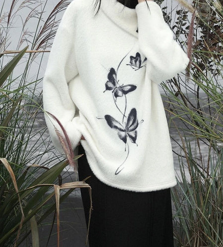 Oversized Harajuku Butterfly Jacquard Sweaters Streetwear Vintage Punk White Jumpers Women Y2k Aesthetic Casual Grunge Pullovers