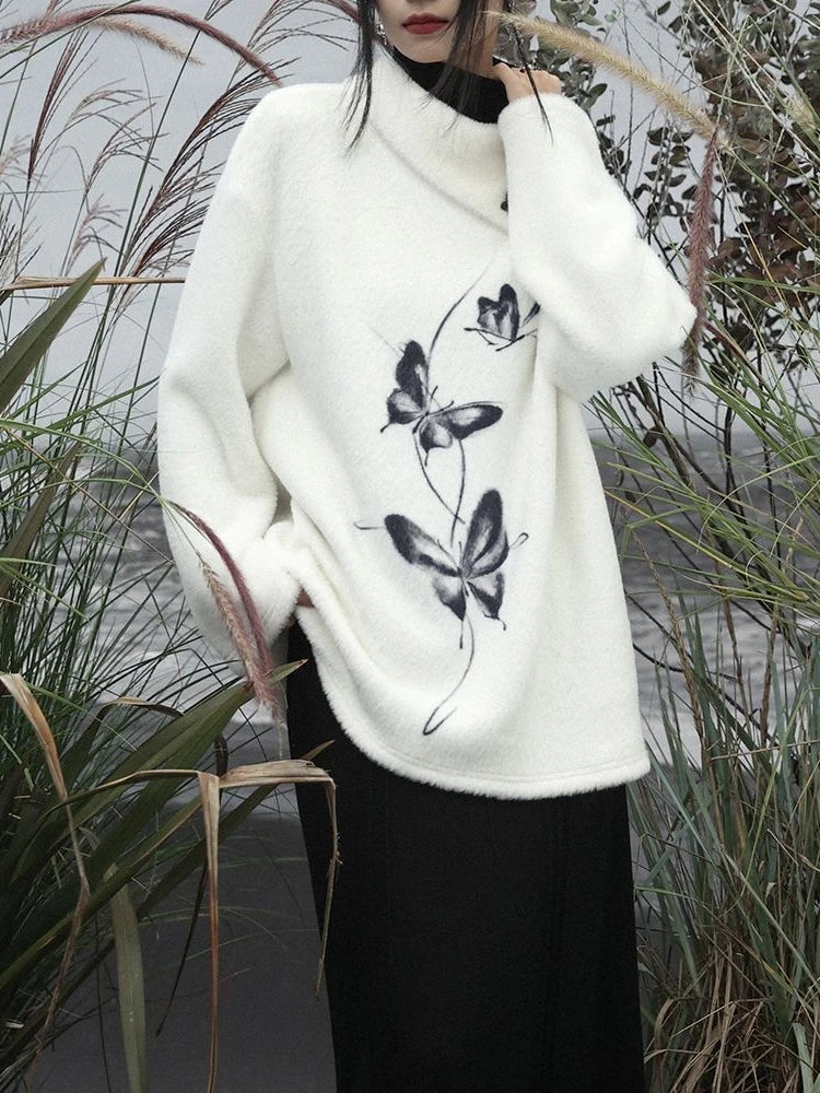 Oversized Harajuku Butterfly Jacquard Sweaters Streetwear Vintage Punk White Jumpers Women Y2k Aesthetic Casual Grunge Pullovers