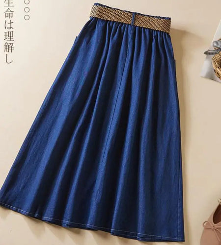 Denim Skirt Women Summer A-line High Waist Medium Length Belt Lace Up 2022 Knee Length Young Beautiful Casual Skirts Female