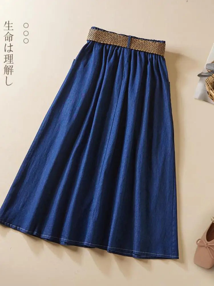 Denim Skirt Women Summer A-line High Waist Medium Length Belt Lace Up 2022 Knee Length Young Beautiful Casual Skirts Female