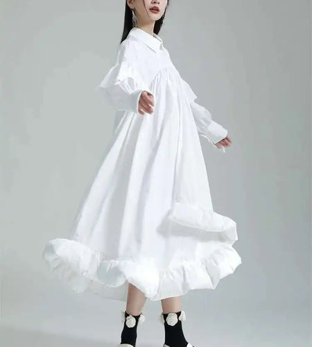 Women White Ruffles Long Shaped Shirt Dress New Lapel Long Sleeve Loose Fit Fashion Tide Spring Autumn 2025 1DH0609
