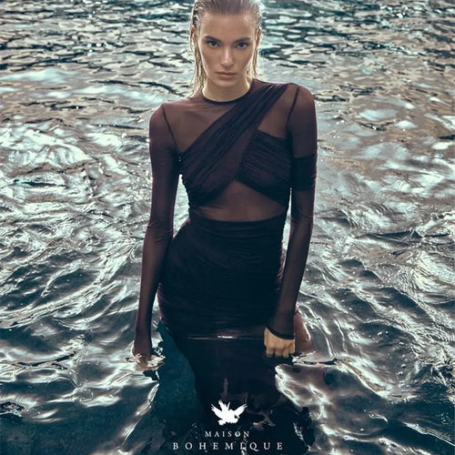 Load image into Gallery viewer, Mesh Ruched Sexy Maxi Dress For Women Fashion Zipper Patchwork See Through Long Sleeve Elegant Club Party Long Dress
