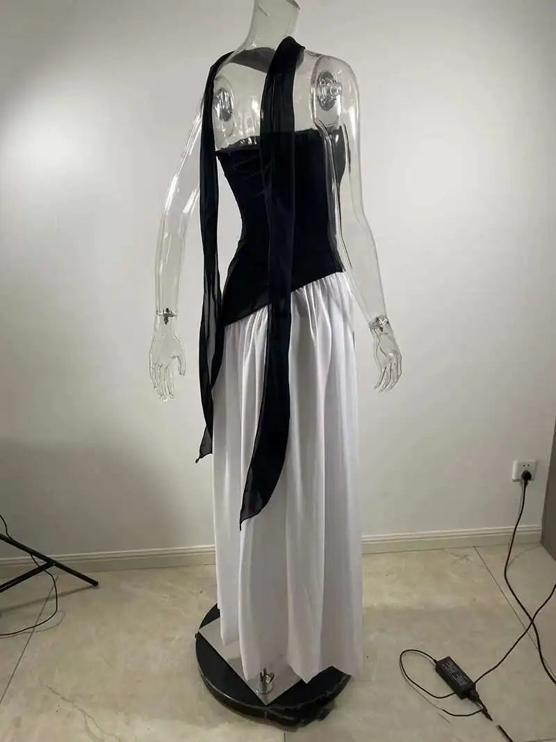 Strapless Off-shoulder Sexy Maxi Dress For Women Gown Patchwork Scarf Collar Thigh High Split Club Party Long Dress