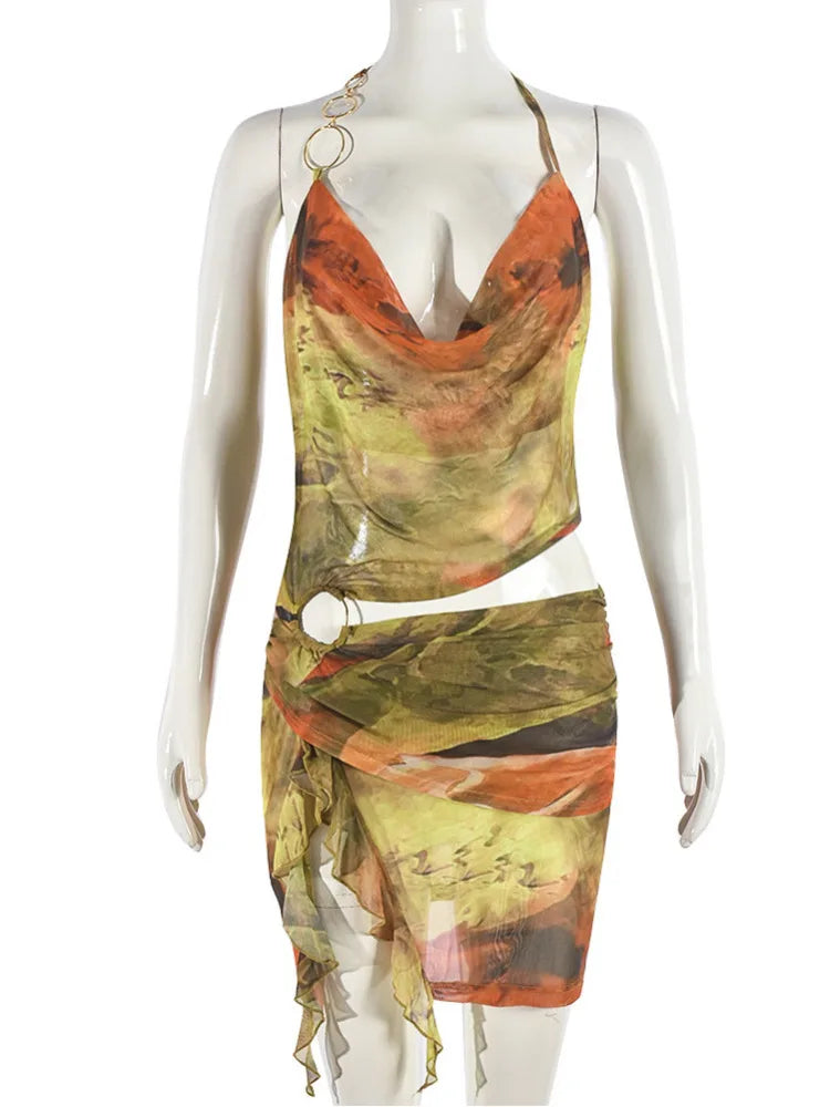 Sexy Hanging Collar 2024 Summer Irregular Tie Dye Hollow Out Dress Women's Mesh Print Lace Up Dress Beach Party Clothing