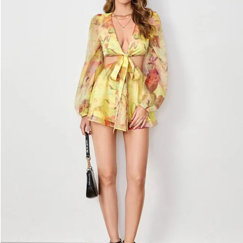 Load image into Gallery viewer, Sexy Deep V-print Long Sleeved Lace Up Women Playsuit Autumn Casual Lantern Sleeve Chiffon Elegant Holiday Party Beach
