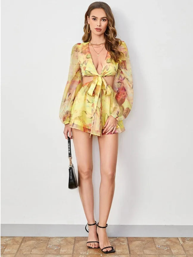Sexy Deep V-print Long Sleeved Lace Up Women Playsuit Autumn Casual Lantern Sleeve Chiffon Elegant Holiday Party Beach