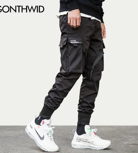 Ribbon Buckle Multi-Pockets Harem Joggers Pants Streetwear 2023 Men Hip Hop Casual Cargo Sweatpants Trousers Pants Male