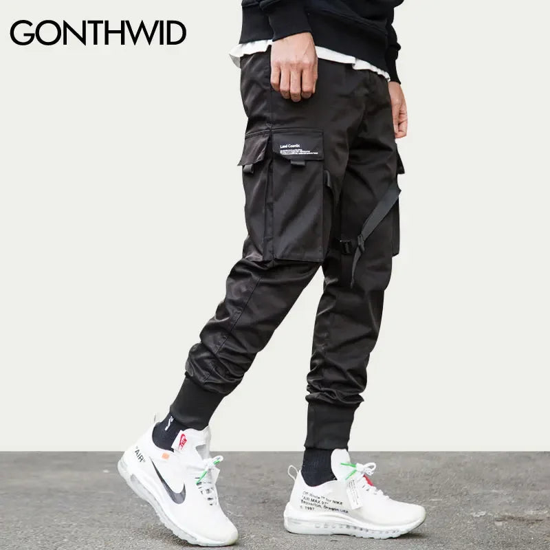 Ribbon Buckle Multi-Pockets Harem Joggers Pants Streetwear 2023 Men Hip Hop Casual Cargo Sweatpants Trousers Pants Male