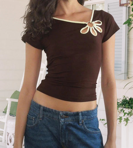 y2k Aesthetic Tops Women Summer Vest Hollowed Flower Slanted Collar Short Sleeve T Shirts 2000s Clothing Streetwear