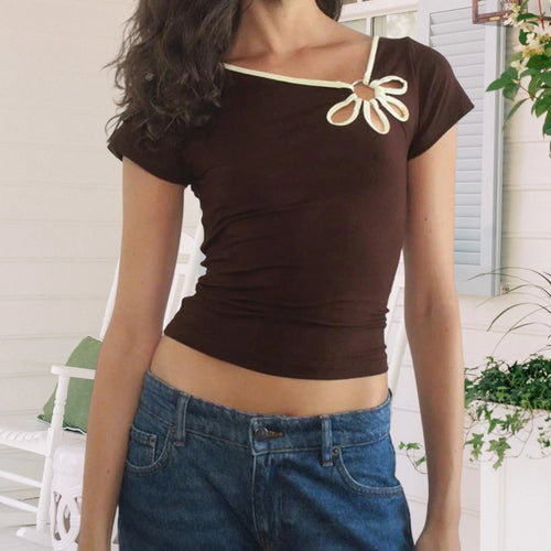 Load image into Gallery viewer, y2k Aesthetic Tops Women Summer Vest Hollowed Flower Slanted Collar Short Sleeve T Shirts 2000s Clothing Streetwear
