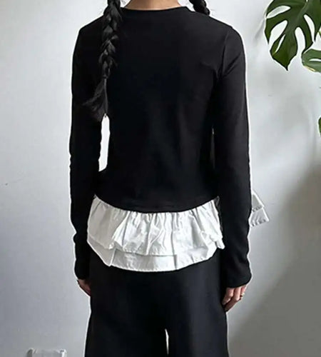 Women Black Ruffles Hem Color-block Slim Elegant T-shirt New Round Neck Long Sleeve Fashion Spring Autumn 2025 1DJ0095