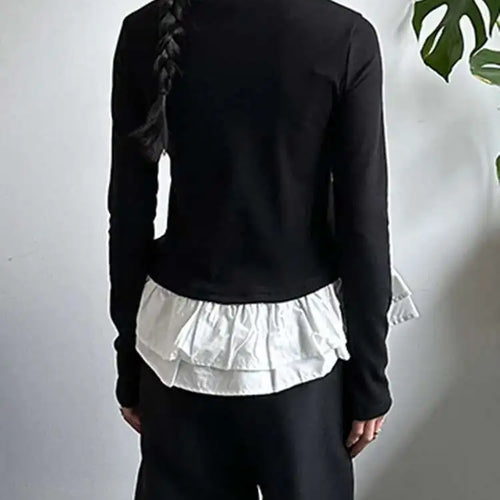 Load image into Gallery viewer, Women Black Ruffles Hem Color-block Slim Elegant T-shirt New Round Neck Long Sleeve Fashion Spring Autumn 2025 1DJ0095
