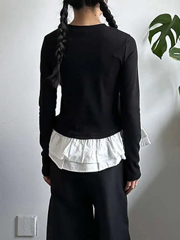 Women Black Ruffles Hem Color-block Slim Elegant T-shirt New Round Neck Long Sleeve Fashion Spring Autumn 2025 1DJ0095