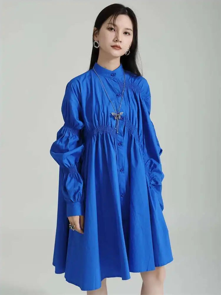 Women Blue Irregular Pleated Big Hem Shirt Dress New Stand Neck Long Sleeve Loose Fashion Tide Spring Autumn 2025 1DF9549