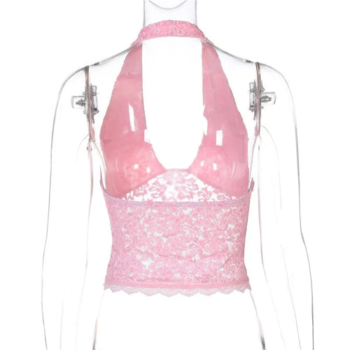 Load image into Gallery viewer, Halter Sleeveless Sexy Crop Tops Women Fashion Deep V Neck Backless Tank Tops Female Elegant Club Skinny Lace Top

