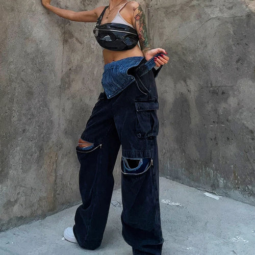 Load image into Gallery viewer, Hole Hollow Out Overalls For Women Sleeveless High Waist Fake Two Piece Denim Wide Leg Pants Female Clothing
