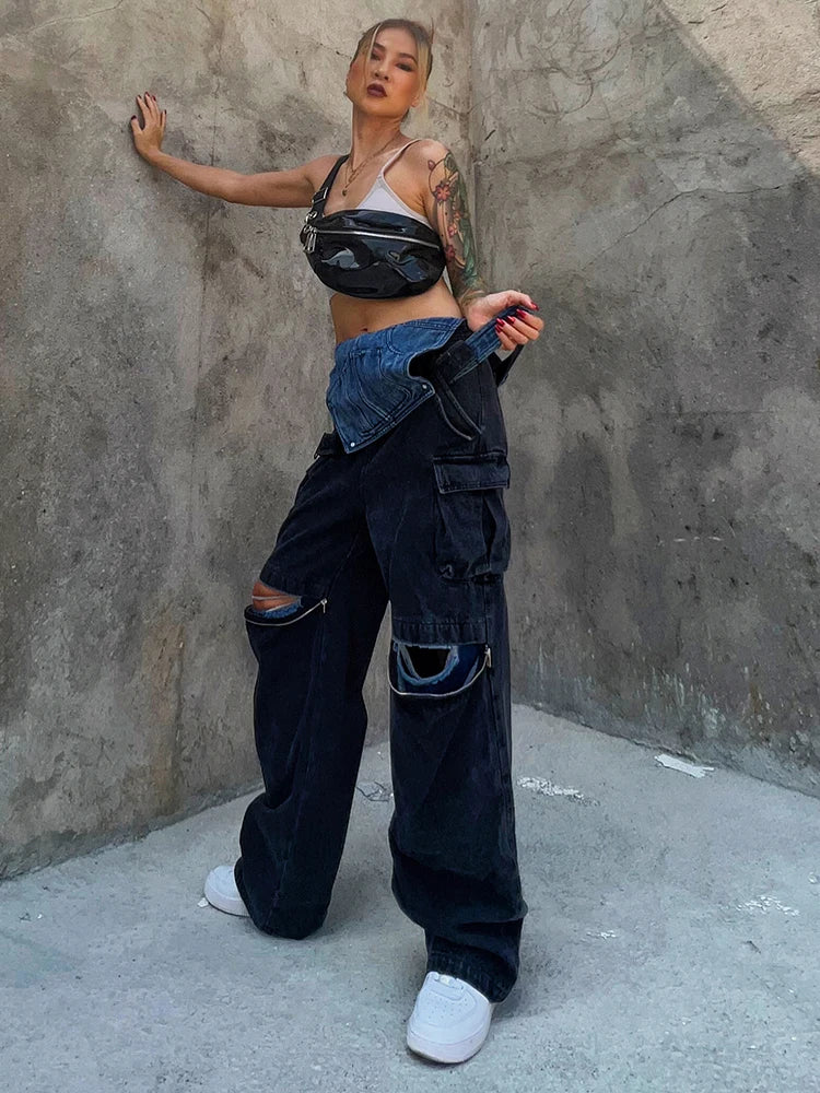 Hole Hollow Out Overalls For Women Sleeveless High Waist Fake Two Piece Denim Wide Leg Pants Female Clothing