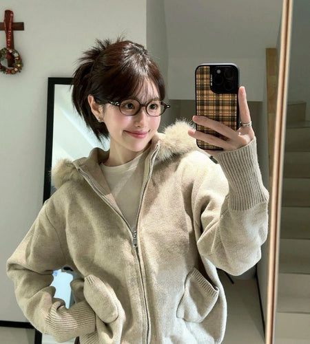 Women Fur Patchwork Hooded Grunge Cardigan Streetwear Vintage Dual Zippers Solid Jackets Y2k Aesthetic Casual Loose Sweaters