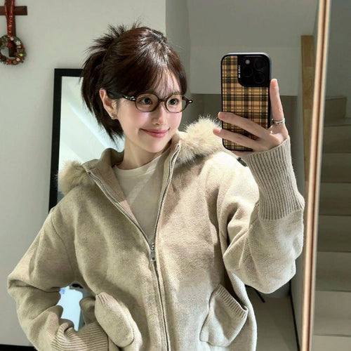 Load image into Gallery viewer, Women Fur Patchwork Hooded Grunge Cardigan Streetwear Vintage Dual Zippers Solid Jackets Y2k Aesthetic Casual Loose Sweaters
